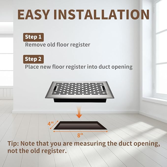 Floor Register 4x8 Inches - Heavy Duty Walkable Steel Floor Vents - Ease Adjust Air Flow Direction Floor Registers - Satin