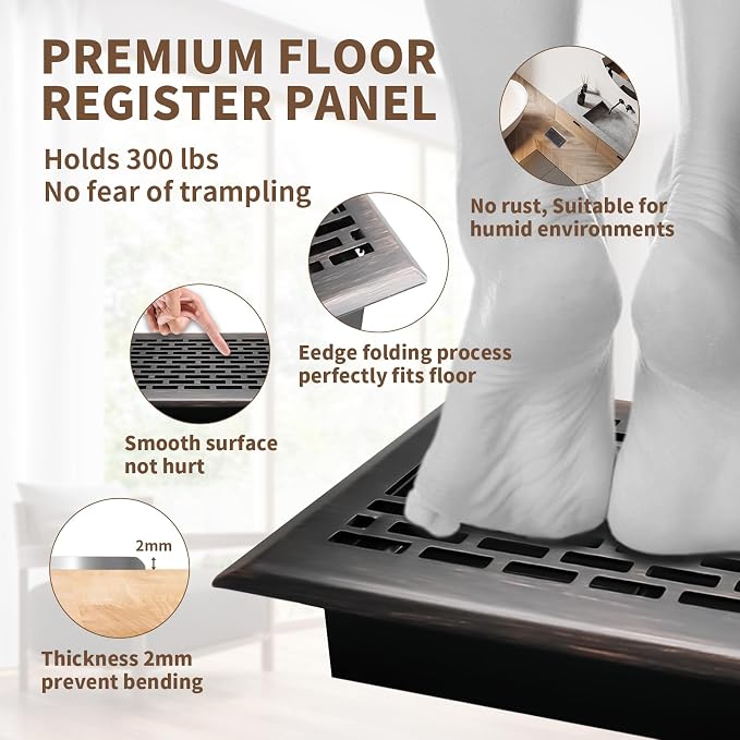 Floor Register 4x8 Inches - Heavy Duty Walkable Steel Floor Vents Ease Adjust Air Flow Direction Floor Registers - Boston