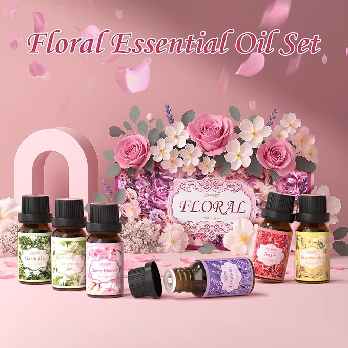 Floral Fragrance Oils Set, Essential Oils for Diffuser & Candle Making Scents, 6x10ml Aromatherapy Oils Gift Set - Jasmine