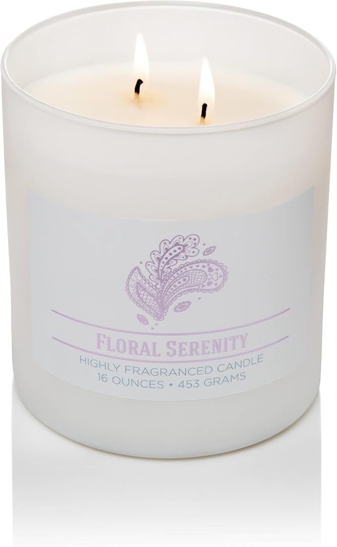 Floral Serenity Scented Candle, 16 oz comfort Relaxing Aromatherapy Candle, 2 Wick White Jar Soy Blend Wax, Candles for Home