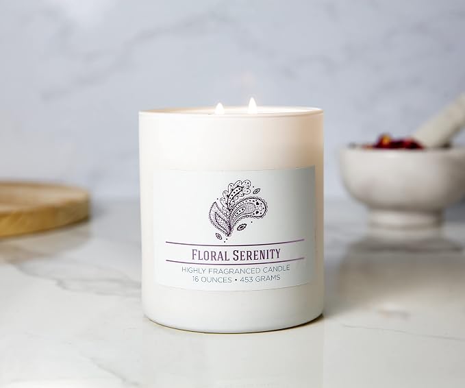 Floral Serenity Scented Candle, 16 oz comfort Relaxing Aromatherapy Candle, 2 Wick White Jar Soy Blend Wax, Candles for Home