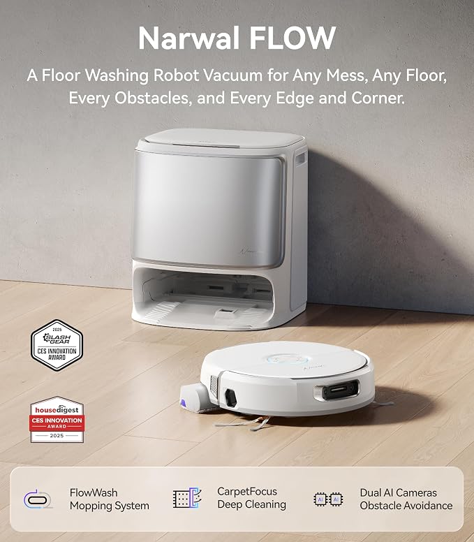 Flow Robot Vacuum and Mop Combo, FlowWash Real-Time Self-Cleaning Track Mop, 22,000 Pa Suction, Dual-Camera AI Obstacle