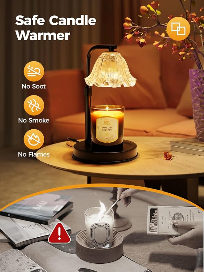 Flower Candle Warmer Lamp with Timer - Black Adjustable Height Wax Melt Warmer for Jar Candles, Vintage Candle Lamp for Home