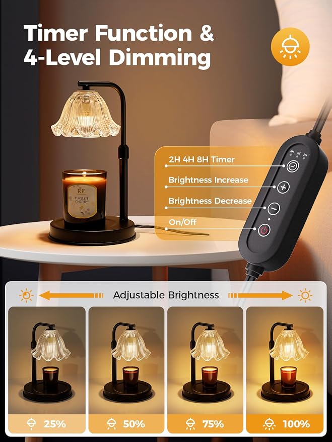 Flower Candle Warmer Lamp with Timer - Black Adjustable Height Wax Melt Warmer for Jar Candles, Vintage Candle Lamp for Home