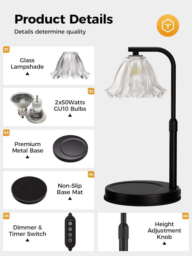 Flower Candle Warmer Lamp with Timer - Black Adjustable Height Wax Melt Warmer for Jar Candles, Vintage Candle Lamp for Home