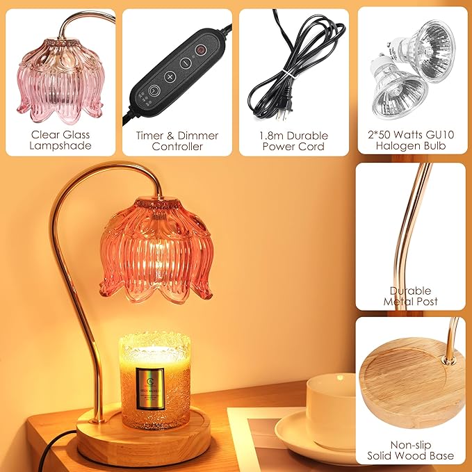 Flower Candle Warmer Lamp with Timer - Dimmable Electric Candle Warmer for All Jar Scented Candles - Mother's Day Gift Home