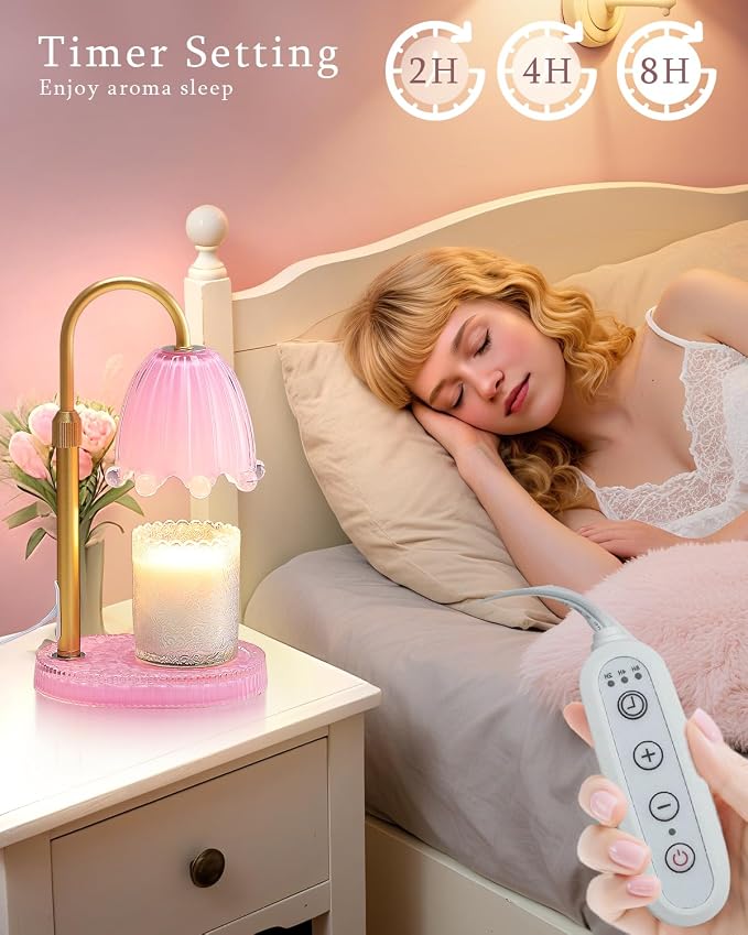 Flower Candle Warmer Lamp with Timer, Vintage Adjustable Glass Warmer Light for Jar Candles, Electric Wax Warming Melter