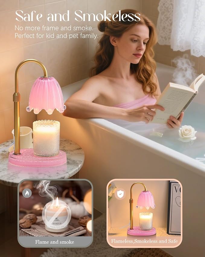 Flower Candle Warmer Lamp with Timer, Vintage Adjustable Glass Warmer Light for Jar Candles, Electric Wax Warming Melter