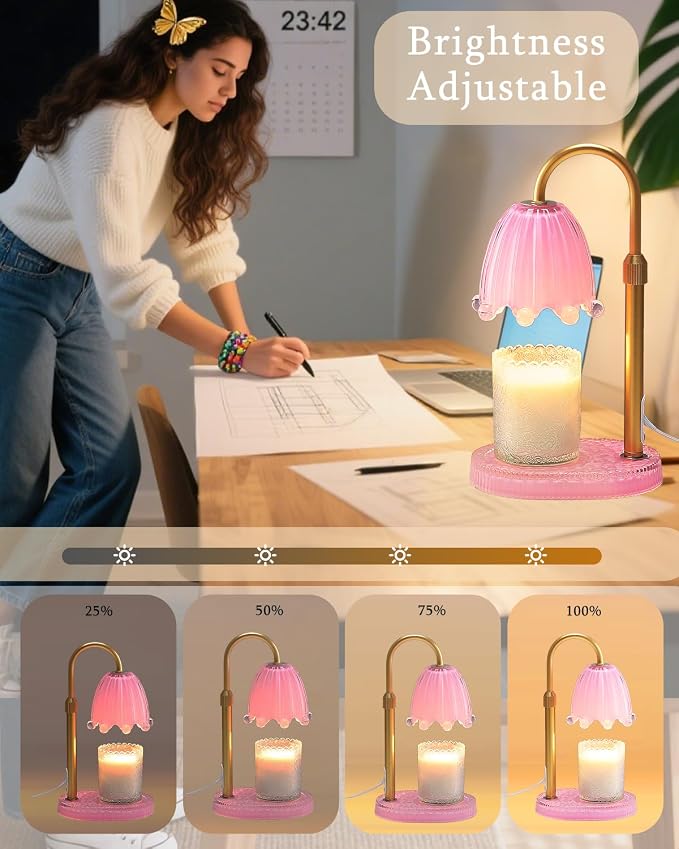 Flower Candle Warmer Lamp with Timer, Vintage Adjustable Glass Warmer Light for Jar Candles, Electric Wax Warming Melter