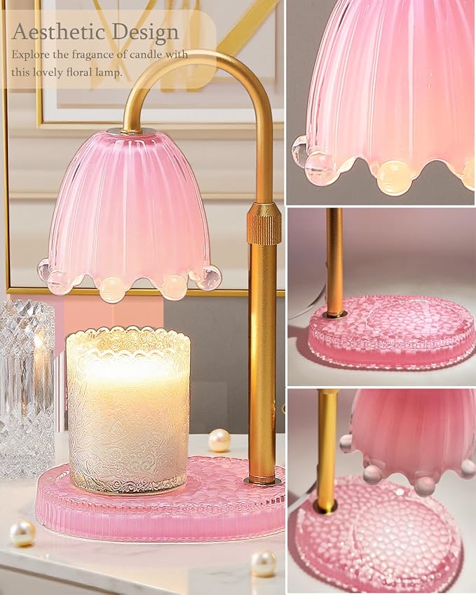 Flower Candle Warmer Lamp with Timer, Vintage Adjustable Glass Warmer Light for Jar Candles, Electric Wax Warming Melter