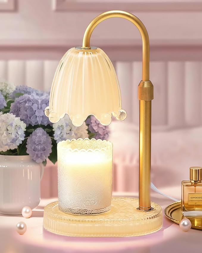 Flower Candle Warmer Lamp with Timer, Vintage Adjustable Glass Warmer Light for Jar Candles, Electric Wax