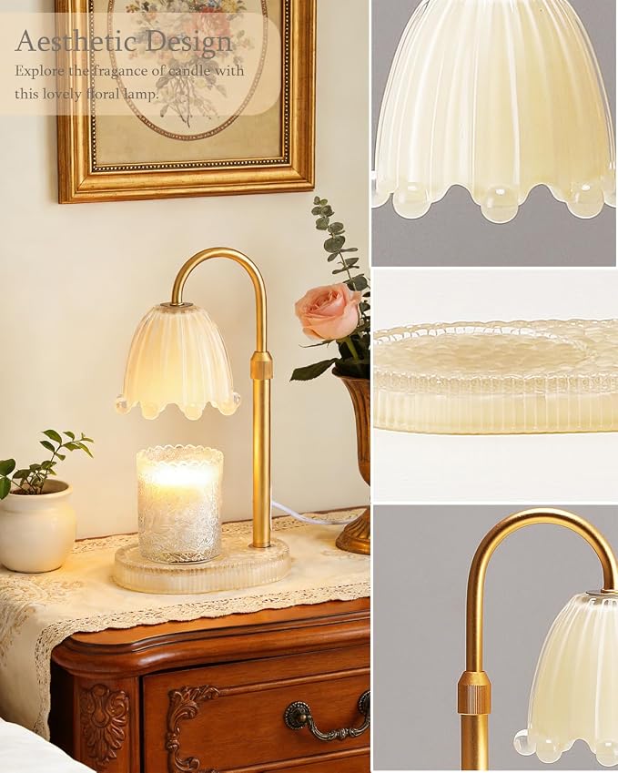 Flower Candle Warmer Lamp with Timer, Vintage Adjustable Glass Warmer Light for Jar Candles, Electric Wax, alternate view 6