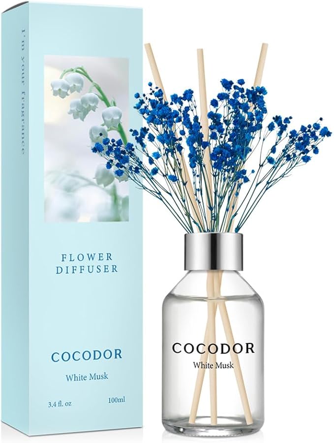 Flower Reed Diffuser Set / 3.4oz / White Musk/Scent Diffuser with Sticks Home Fragrance Reed Diffuser for Bathroom Shelf