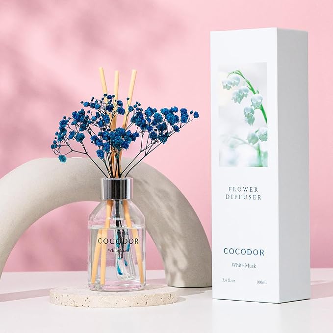 Flower Reed Diffuser Set / 3.4oz / White Musk/Scent Diffuser with Sticks Home Fragrance Reed Diffuser for Bathroom Shelf