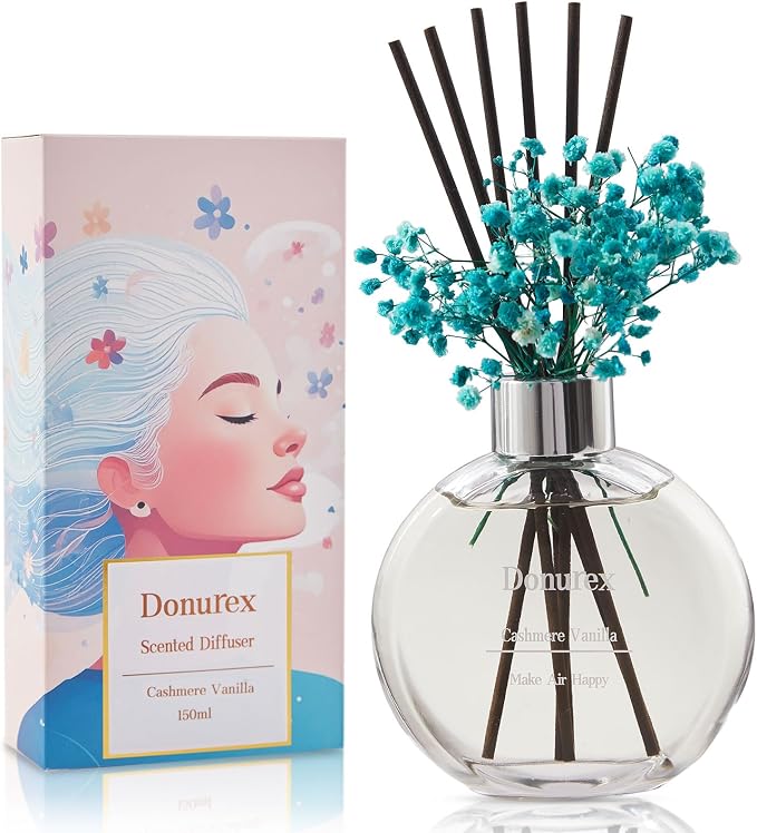 Flower Reed Diffuser Set 5.07oz Cashmere Vanilla Scent Diffuser with Sticks Home Fragrance Reed Diffuser for Bathroom Shelf