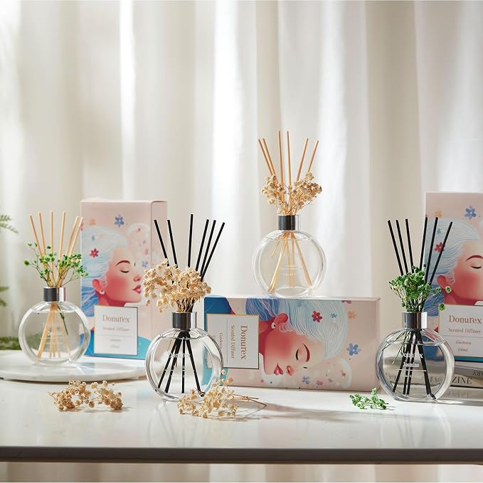 Flower Reed Diffuser Set 5.07oz Jasmine Scent Diffuser with Sticks Home Fragrance Reed Diffuser for Bathroom Shelf Decor