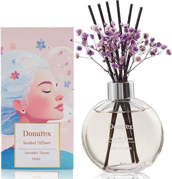 Flower Reed Diffuser Set 5.07oz Lavender Thyme Scent Diffuser with Sticks Home Fragrance Reed Diffuser for Bathroom Shelf