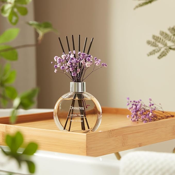 Flower Reed Diffuser Set 5.07oz Lavender Thyme Scent Diffuser with Sticks Home Fragrance Reed Diffuser for Bathroom Shelf