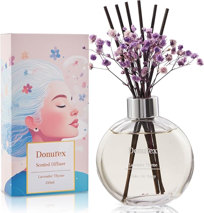 Flower Reed Diffuser Set 5.07oz Lavender Thyme Scent Diffuser with Sticks Home Fragrance Reed Diffuser for Bathroom Shelf