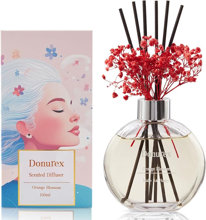 Flower Reed Diffuser Set 5.07oz Orange Blossom Scent Diffuser with Sticks Home Fragrance Reed Diffuser for Bathroom Shelf