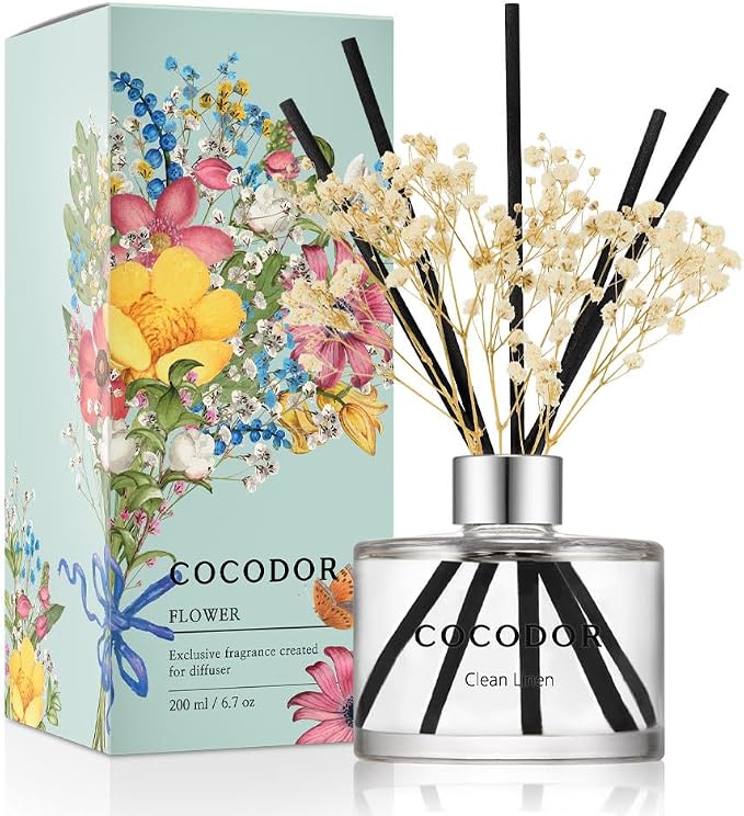 Flower Reed Diffuser Set / 6.7oz / Clean Linen/Scent Diffuser with Sticks Home Fragrance Reed Diffuser for Bathroom Shelf