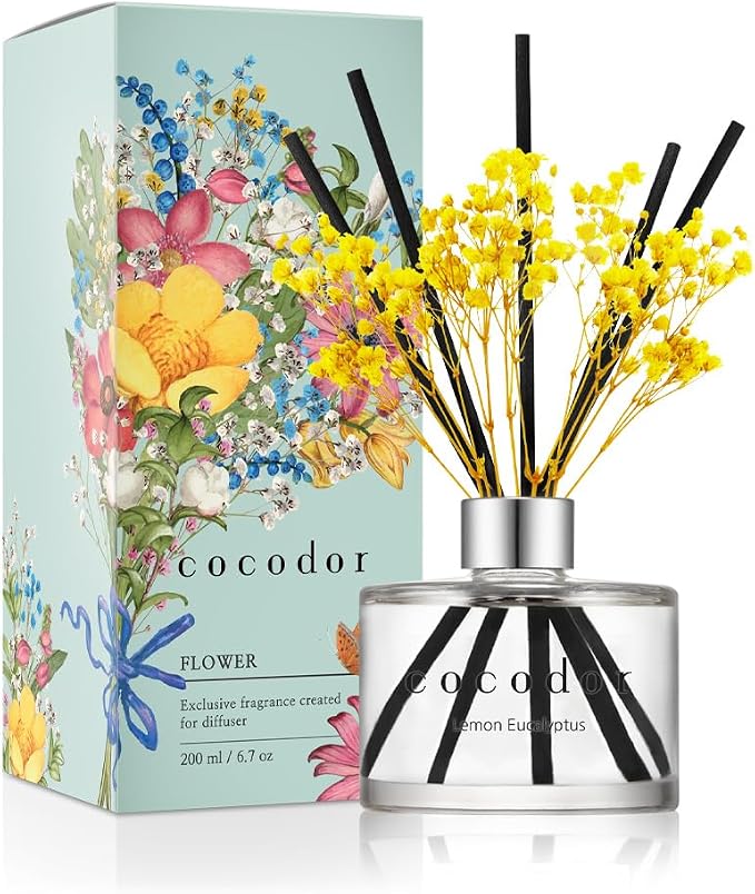 Flower Reed Diffuser Set / 6.7oz / Lemon Eucalyptus/Scent Diffuser with Sticks Home Fragrance Reed Diffuser for Bathroom