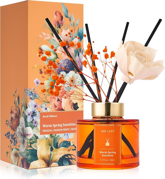 Flower Reed Diffusers Set, 5.07 oz Freesia/Passion Fruit/Orange Scented Oil Diffuser with 8 Reed Sticks, product image