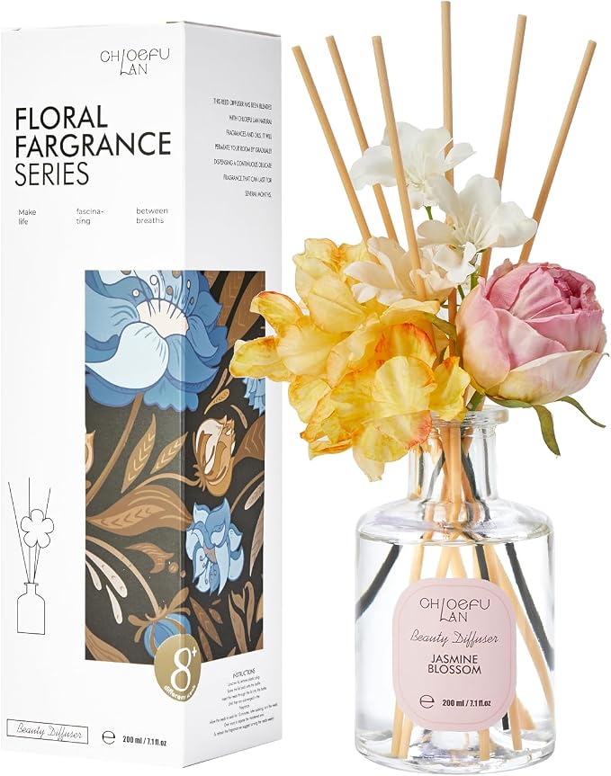 Flowers Reéd Diffuser for Girls Room Decor, 6.7oz with 9 Sticks, Jasmine Blossom Scent Diffusers for Home, product image