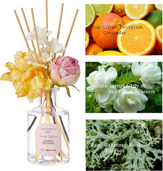 Flowers Reéd Diffuser for Girls Room Decor, 6.7oz with 9 Sticks, Jasmine Blossom Scent Diffusers for Home, alternate product