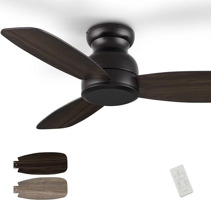 Flush Mount 44 Inch Ceiling Fan No Light with Remote Control, 3 Blades Quiet DC Reversible Motor, 10-Speed