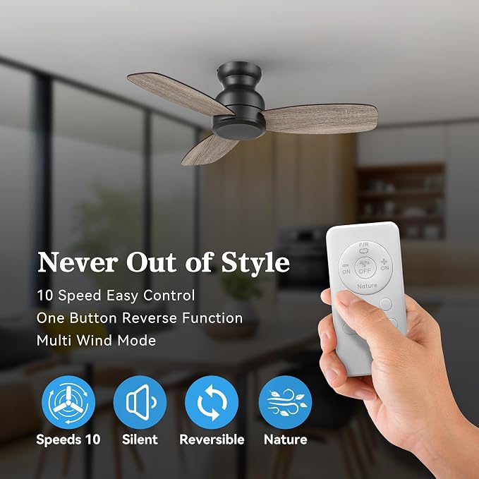 Flush Mount 44 Inch Ceiling Fan No Light with Remote Control, 3 Blades Quiet DC Reversible Motor, 10-Speed, alternate view 2
