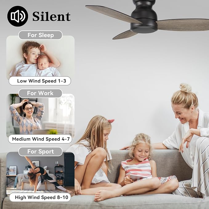 Flush Mount 44 Inch Ceiling Fan No Light with Remote Control, 3 Blades Quiet DC Reversible Motor, 10-Speed, alternate view 3