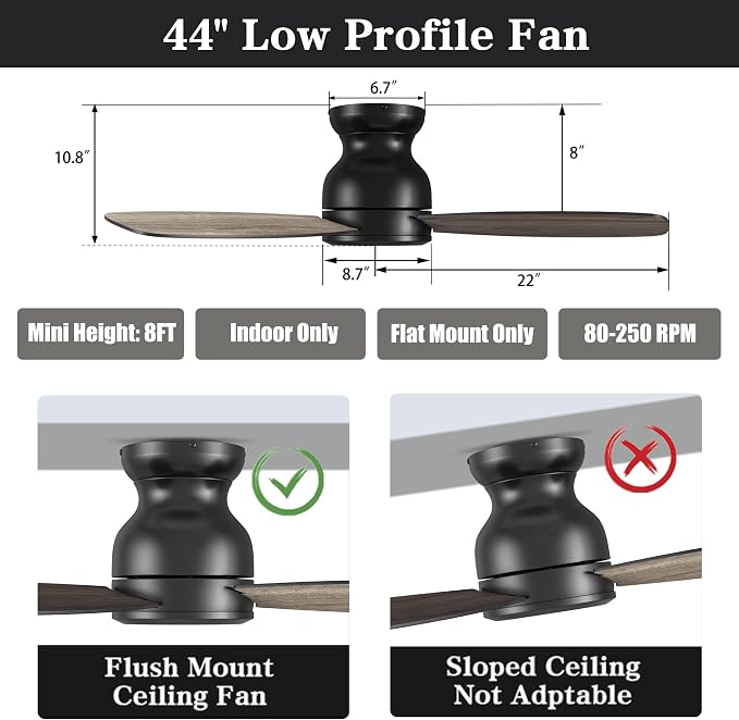 Flush Mount 44 Inch Ceiling Fan No Light with Remote Control, 3 Blades Quiet DC Reversible Motor, 10-Speed, alternate view 7