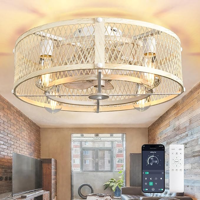 Flush Mount Ceiling Fan: 20" Caged Ceiling Fans with Lights and Remote App Control for Kitchen Bedroom Farmhouse - Rustic Low