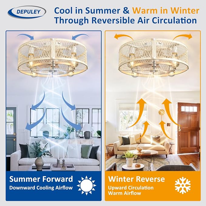 Flush Mount Ceiling Fan: 20" Caged Ceiling Fans with Lights and Remote App Control for Kitchen Bedroom Farmhouse - Rustic Low