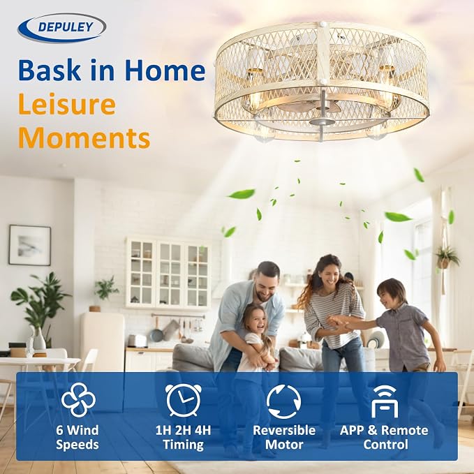Flush Mount Ceiling Fan: 20" Caged Ceiling Fans with Lights and Remote App Control for Kitchen Bedroom Farmhouse - Rustic Low