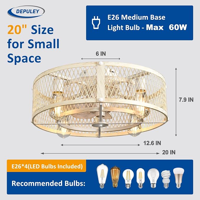 Flush Mount Ceiling Fan: 20" Caged Ceiling Fans with Lights and Remote App Control for Kitchen Bedroom Farmhouse - Rustic Low