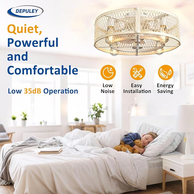 Flush Mount Ceiling Fan: 20" Caged Ceiling Fans with Lights and Remote App Control for Kitchen Bedroom Farmhouse - Rustic Low