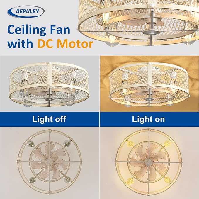 Flush Mount Ceiling Fan: 20" Caged Ceiling Fans with Lights and Remote App Control for Kitchen Bedroom Farmhouse - Rustic Low