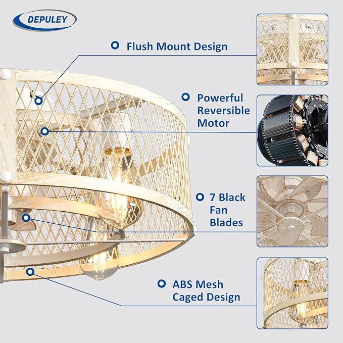 Flush Mount Ceiling Fan: 20" Caged Ceiling Fans with Lights and Remote App Control for Kitchen Bedroom Farmhouse - Rustic Low