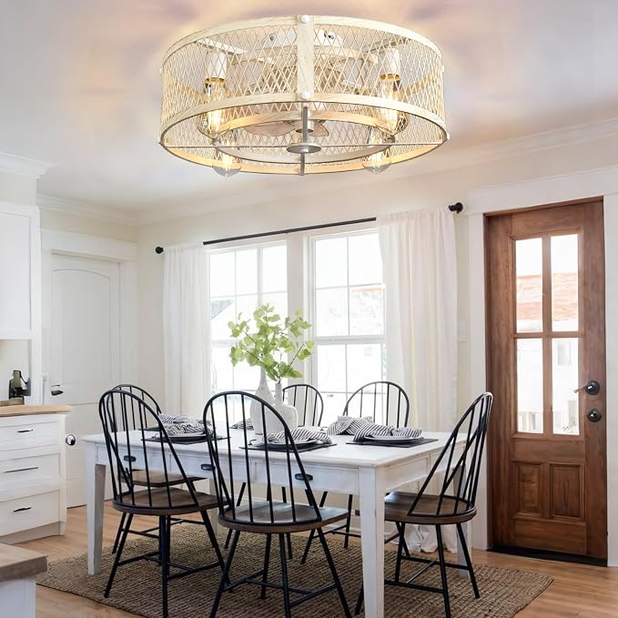 Flush Mount Ceiling Fan: 20" Caged Ceiling Fans with Lights and Remote App Control for Kitchen Bedroom Farmhouse - Rustic Low