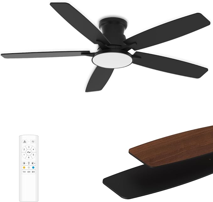 Flush Mount Ceiling Fan with Light, 52 Inch, Remote Control, 3CCT Dimmable LED, 6-Speed Silent Reversible DC Motor, Low