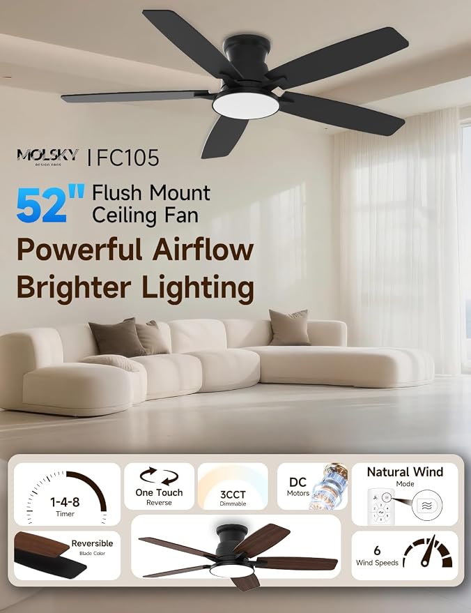 Flush Mount Ceiling Fan with Light, 52 Inch, Remote Control, 3CCT Dimmable LED, 6-Speed Silent Reversible DC Motor, Low