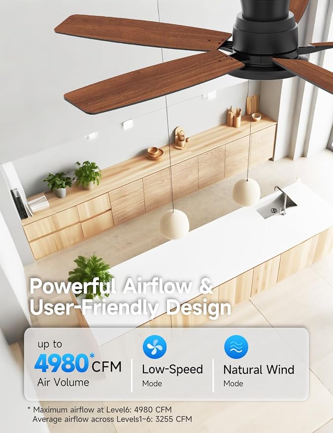 Flush Mount Ceiling Fan with Light, 52 Inch, Remote Control, 3CCT Dimmable LED, 6-Speed Silent Reversible DC Motor, Low