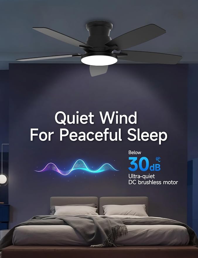 Flush Mount Ceiling Fan with Light, 52 Inch, Remote Control, 3CCT Dimmable LED, 6-Speed Silent Reversible DC Motor, Low