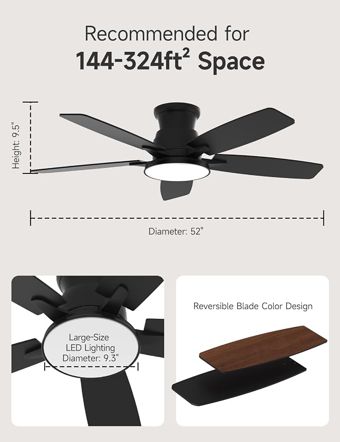 Flush Mount Ceiling Fan with Light, 52 Inch, Remote Control, 3CCT Dimmable LED, 6-Speed Silent Reversible DC Motor, Low