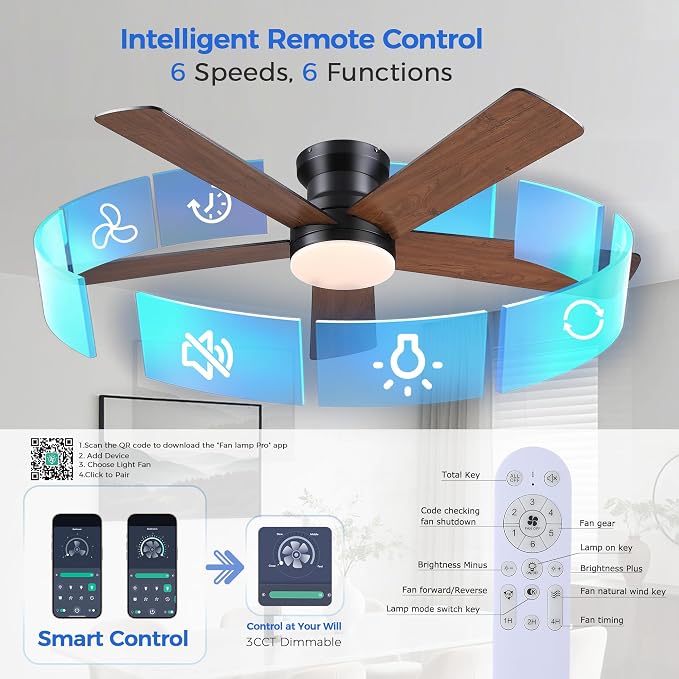Flush Mount Ceiling Fan with Light and Remote/APP - 48" Low Profile Ceiling Fan with 3CCT Dimmable, 5 Reversible Blades