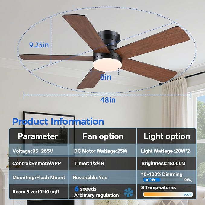Flush Mount Ceiling Fan with Light and Remote/APP - 48" Low Profile Ceiling Fan with 3CCT Dimmable, 5 Reversible Blades