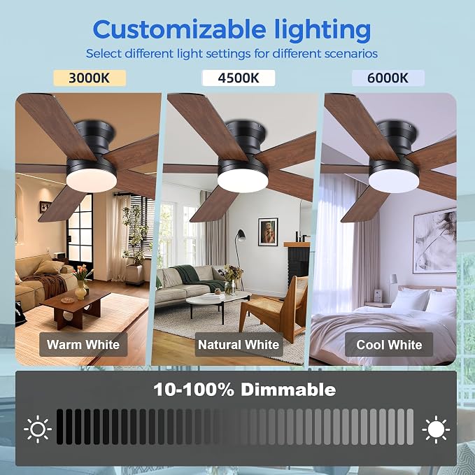 Flush Mount Ceiling Fan with Light and Remote/APP - 48" Low Profile Ceiling Fan with 3CCT Dimmable, 5 Reversible Blades