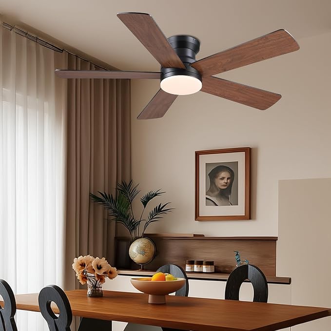 Flush Mount Ceiling Fan with Light and Remote/APP - 48" Low Profile Ceiling Fan with 3CCT Dimmable, 5 Reversible Blades